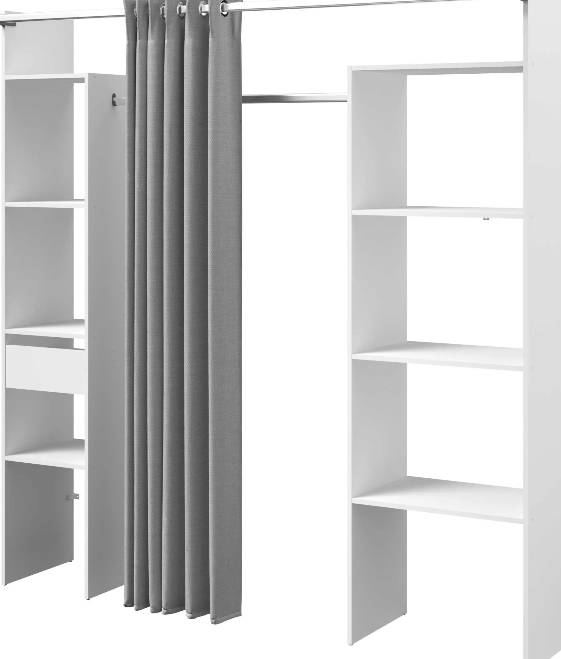 Kleiderschrank Botan 198cm - mit Vorhang - 6 Einlegeböden, 2 Kleiderstangen und 1 Schublade - weiß