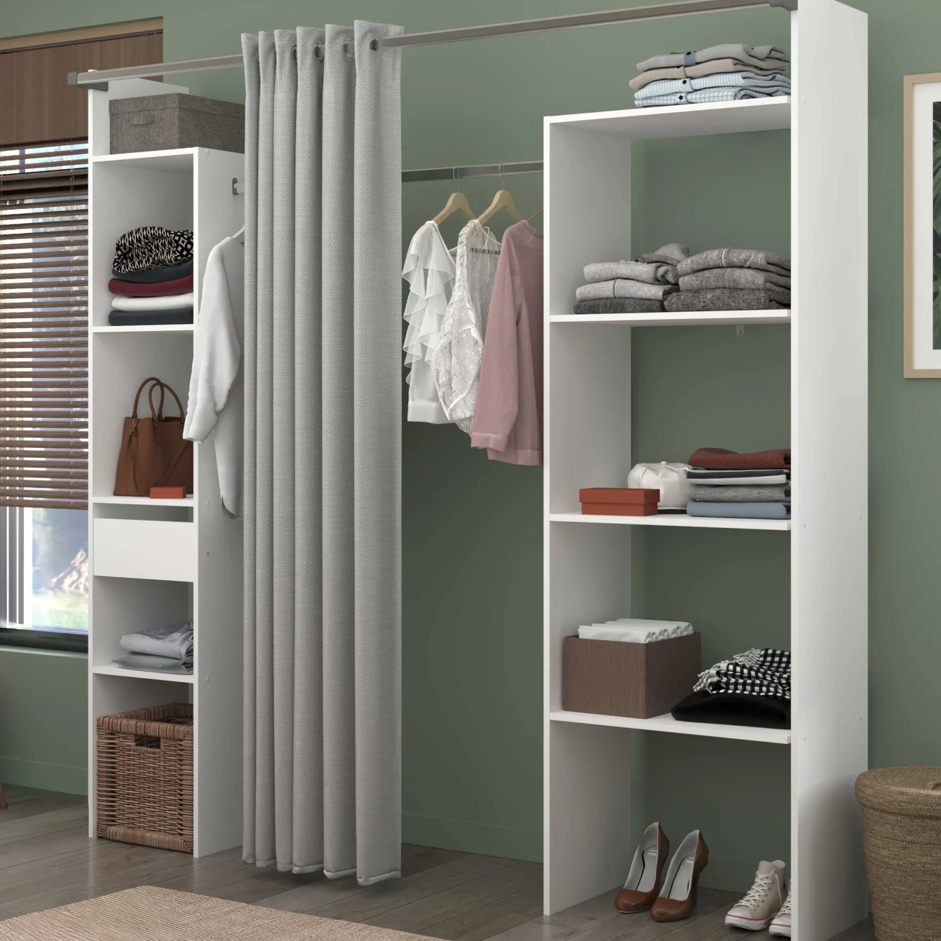 Kleiderschrank Botan 198cm - mit Vorhang - 6 Einlegeböden, 2 Kleiderstangen und 1 Schublade - weiß