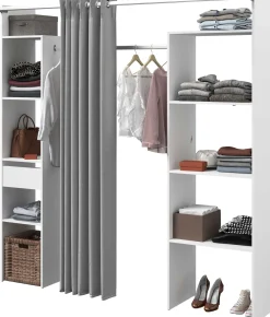 Kleiderschrank Botan 198cm - mit Vorhang - 6 Einlegeböden, 2 Kleiderstangen und 1 Schublade - weiß