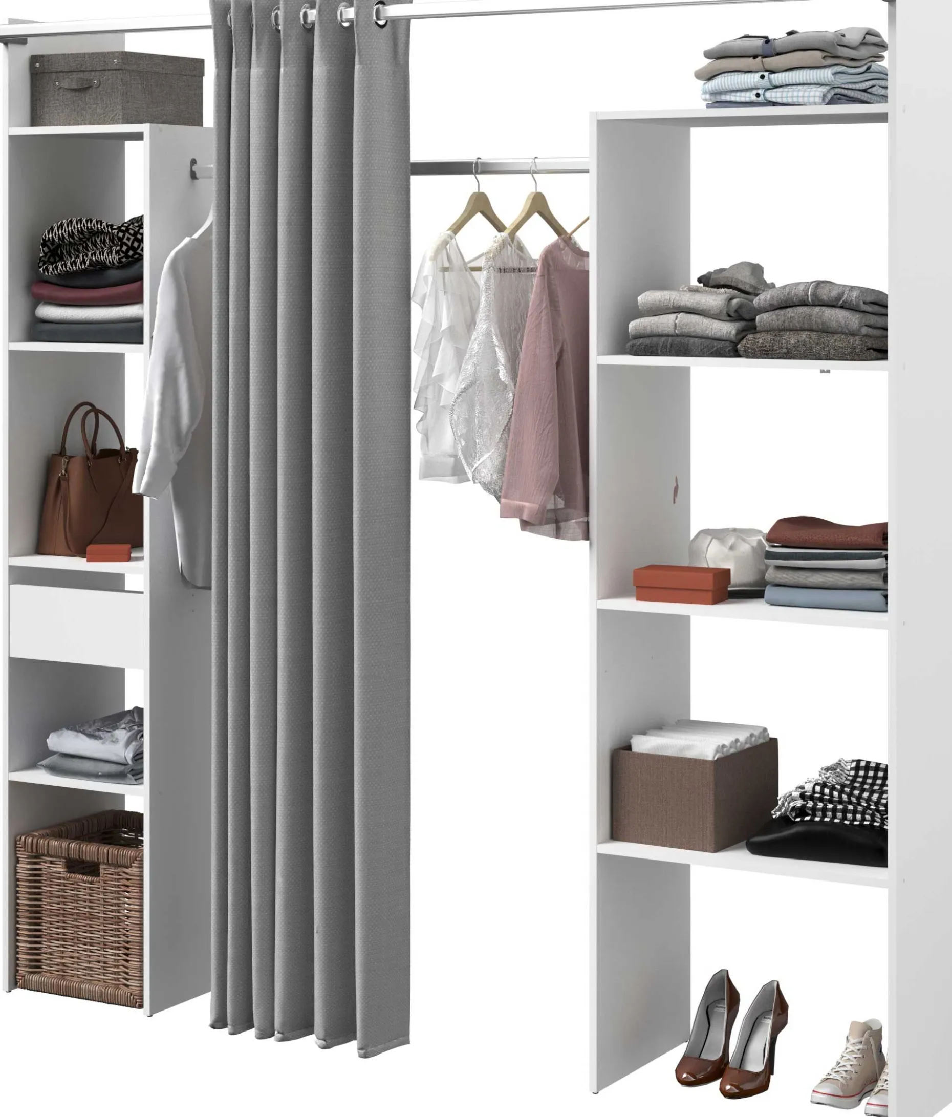 Kleiderschrank Botan 198cm - mit Vorhang - 6 Einlegeböden, 2 Kleiderstangen und 1 Schublade - weiß