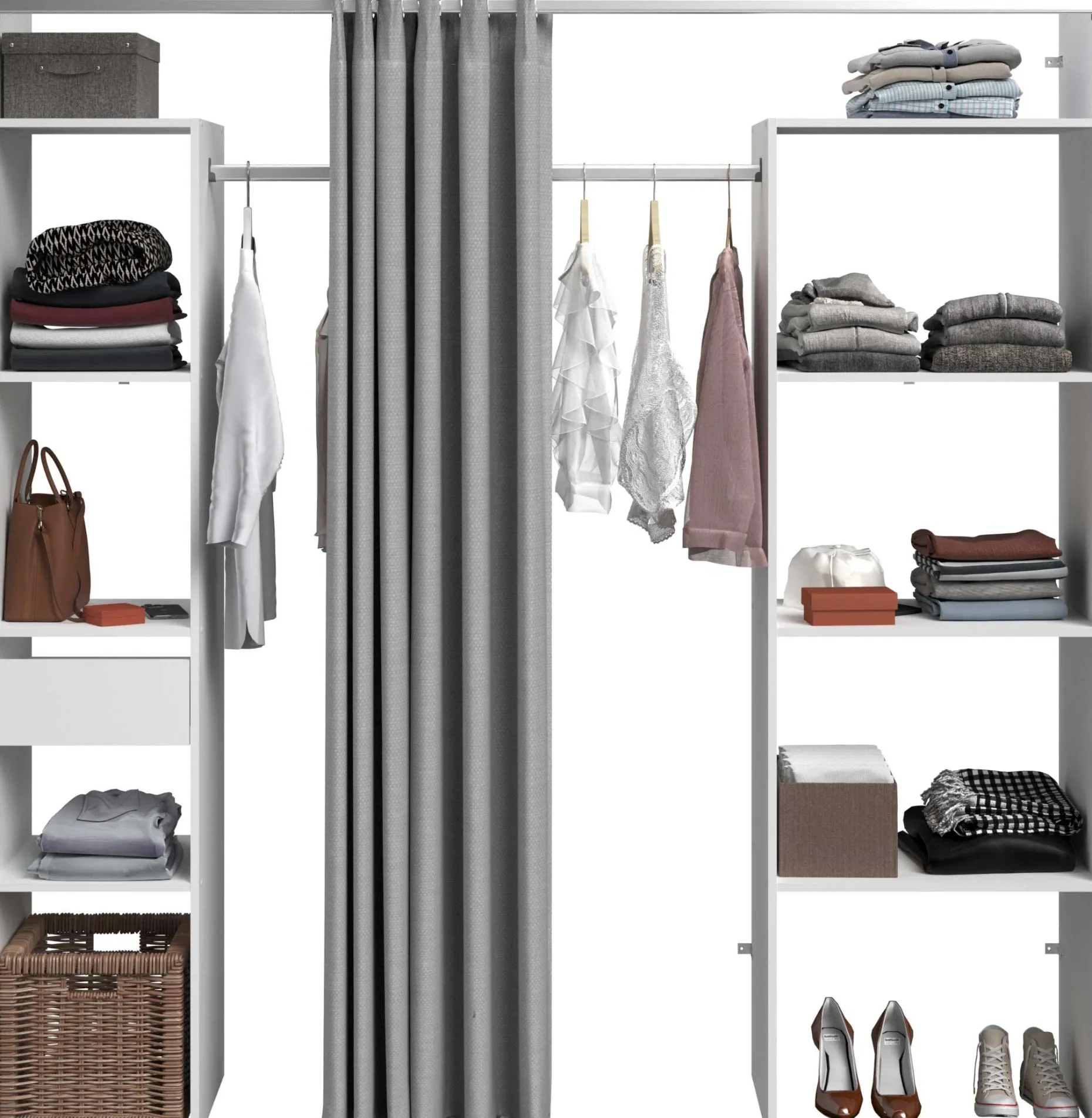 Kleiderschrank Botan 198cm - mit Vorhang - 6 Einlegeböden, 2 Kleiderstangen und 1 Schublade - weiß