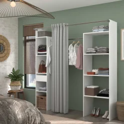 Kleiderschrank Botan 198cm - mit Vorhang - 6 Einlegeböden, 2 Kleiderstangen und 1 Schublade - weiß
