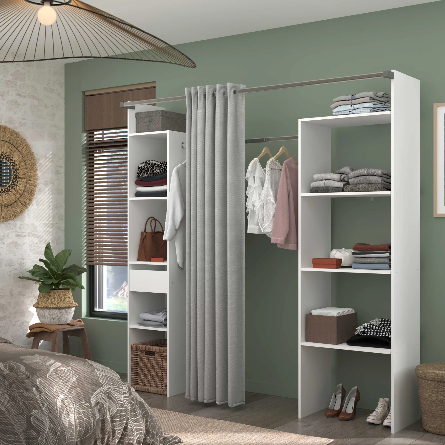 Kleiderschrank Botan 198cm - mit Vorhang - 6 Einlegeböden, 2 Kleiderstangen und 1 Schublade - weiß