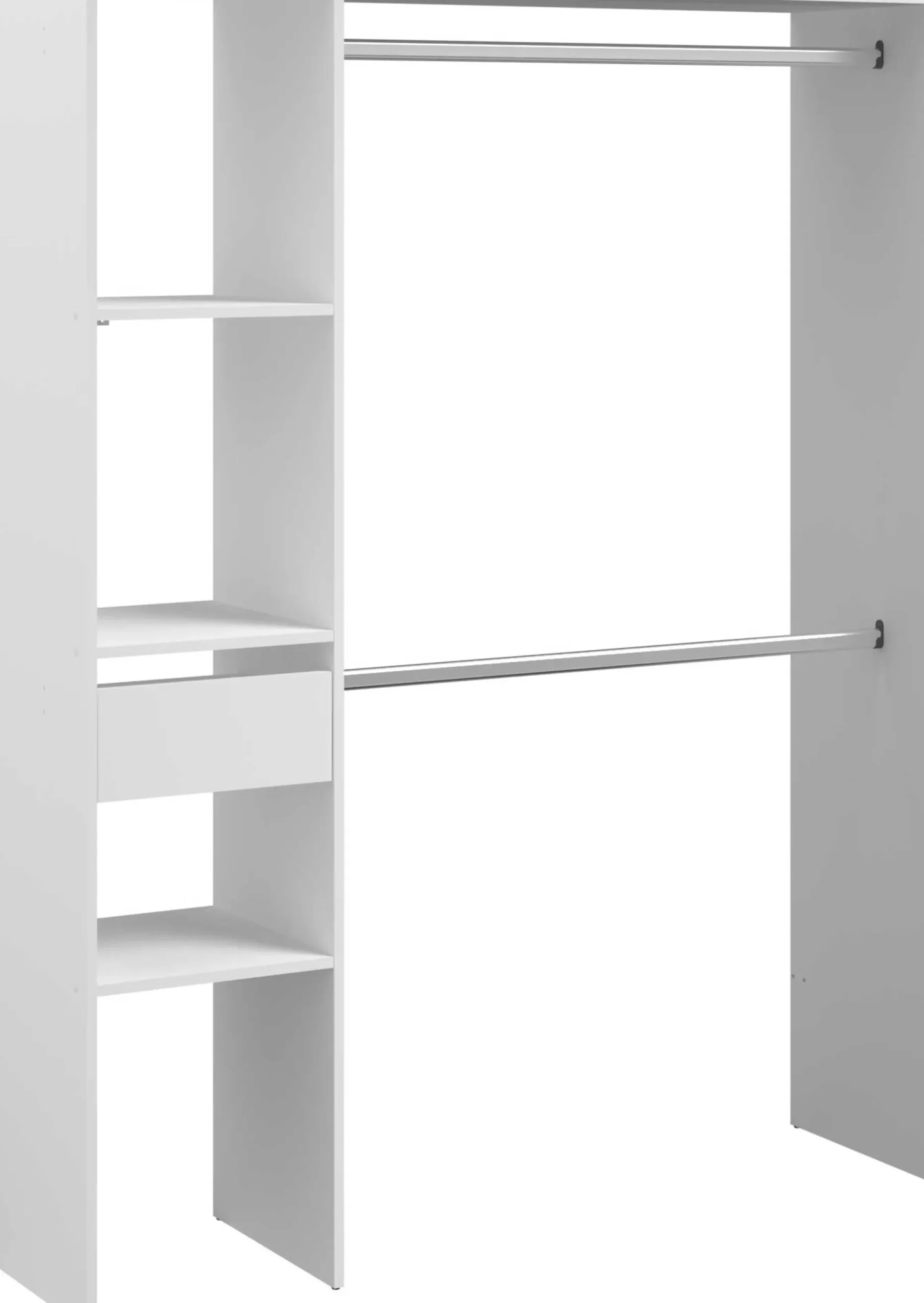 Kleiderschrank Botan 140cm, 1 Schublade und 3 Einlegeböden und 1 Kleiderstange - weiß