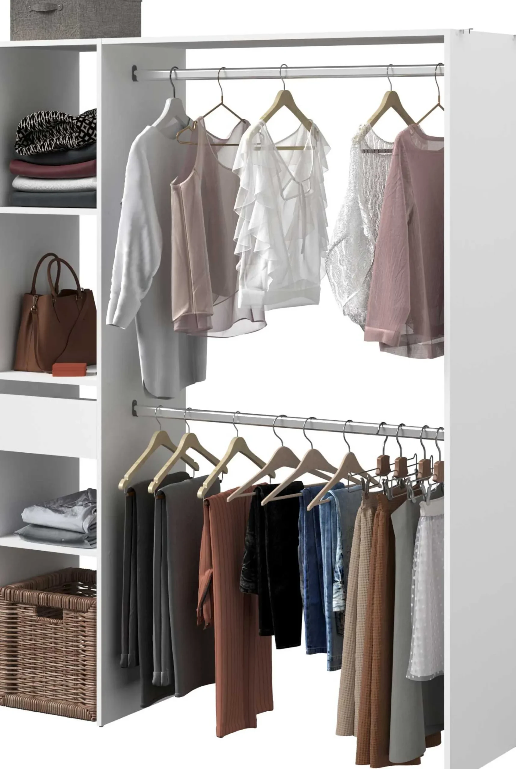 Kleiderschrank Botan 140cm, 1 Schublade und 3 Einlegeböden und 1 Kleiderstange - weiß