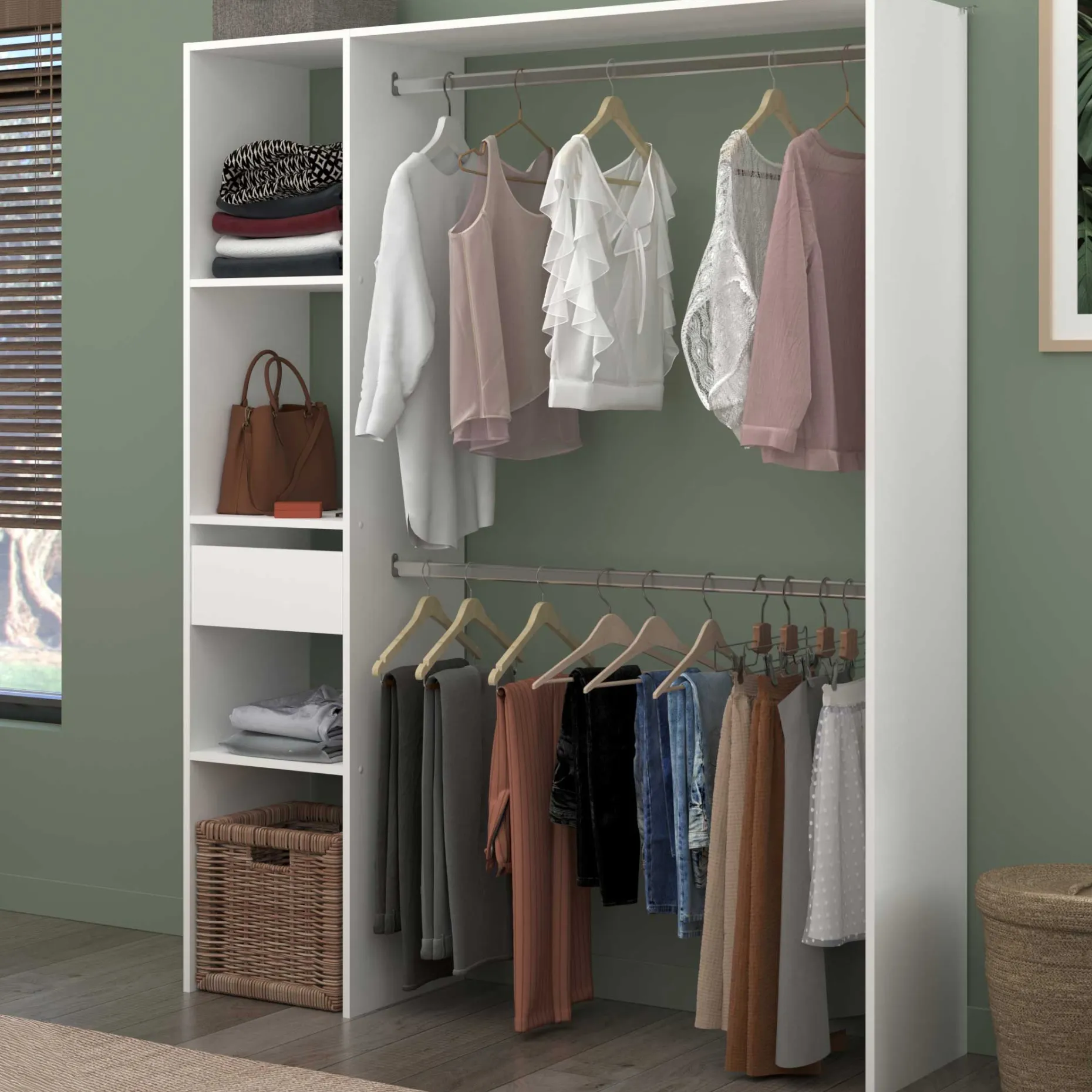 Kleiderschrank Botan 140cm, 1 Schublade und 3 Einlegeböden und 1 Kleiderstange - weiß