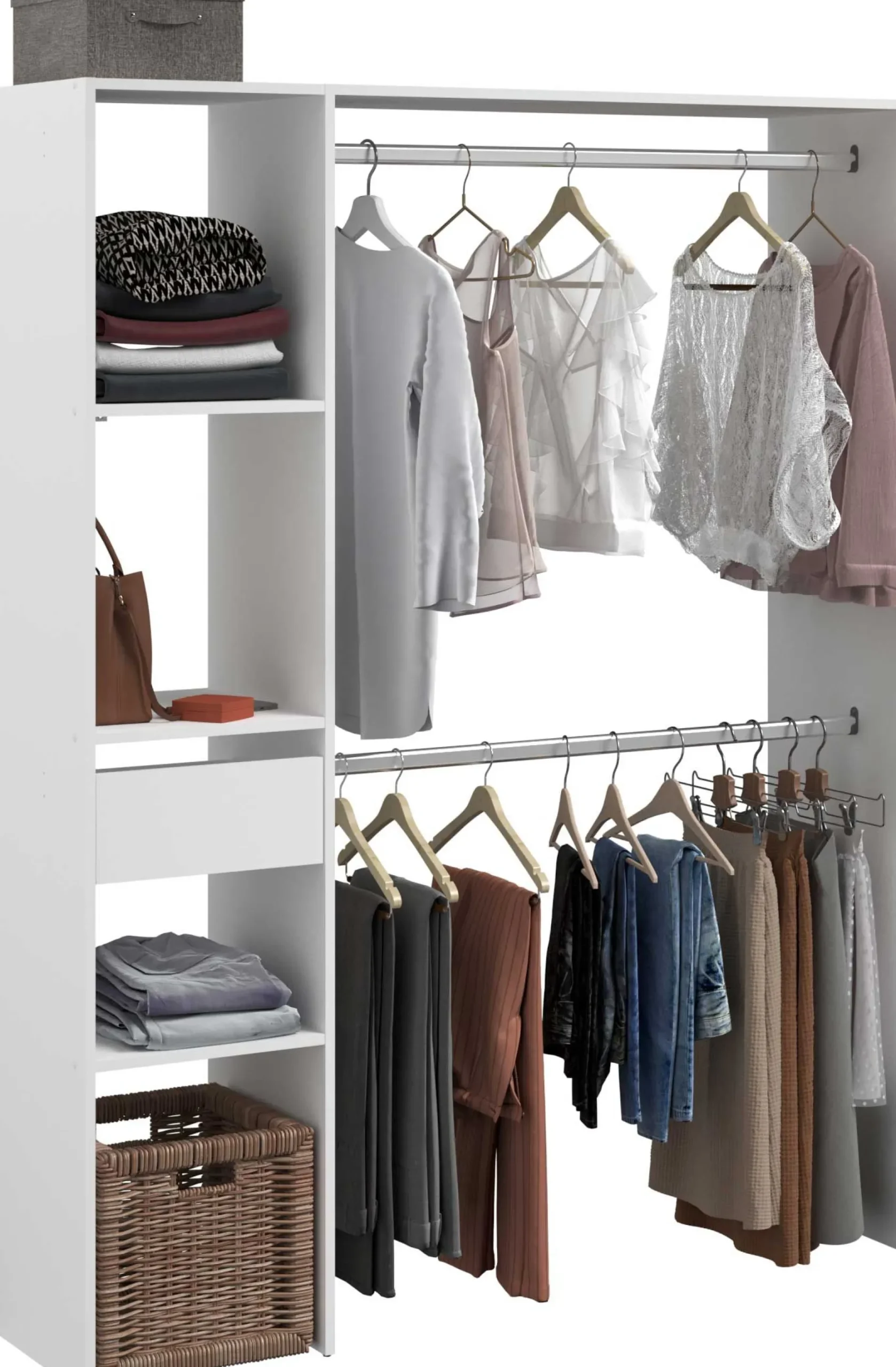 Kleiderschrank Botan 140cm, 1 Schublade und 3 Einlegeböden und 1 Kleiderstange - weiß