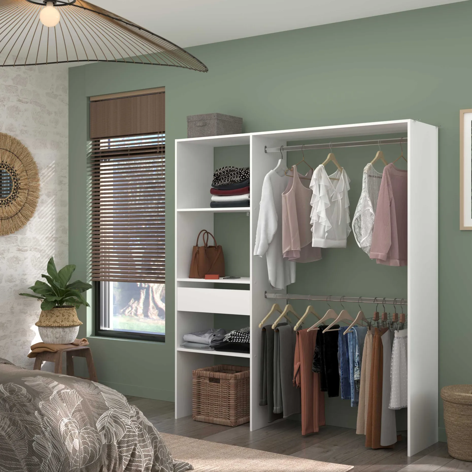 Kleiderschrank Botan 162cm, 1 Schublade und 3 Einlegeböden und 1 Kleiderstange - weiß