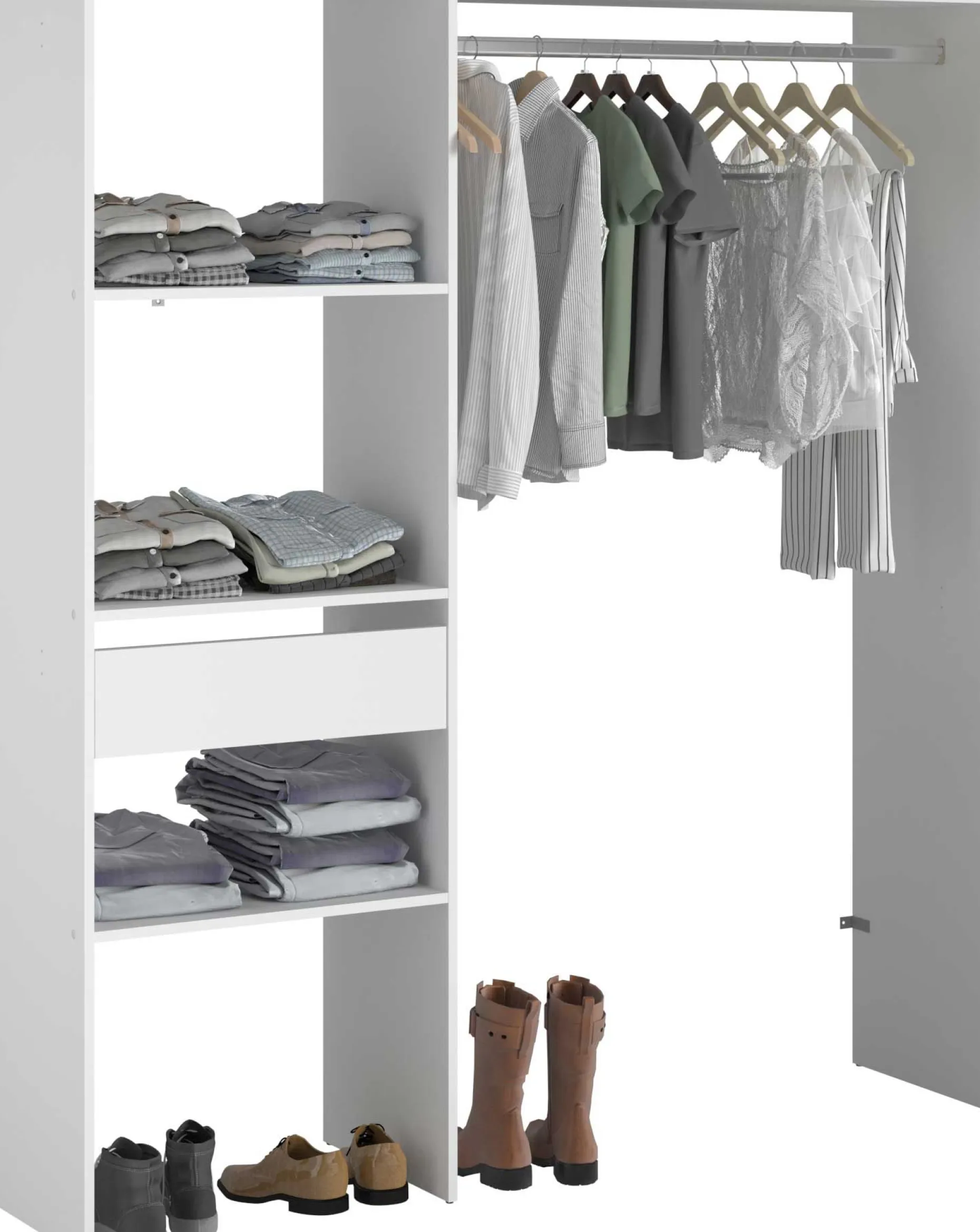 Kleiderschrank Botan 162cm, 1 Schublade und 3 Einlegeböden und 1 Kleiderstange - weiß