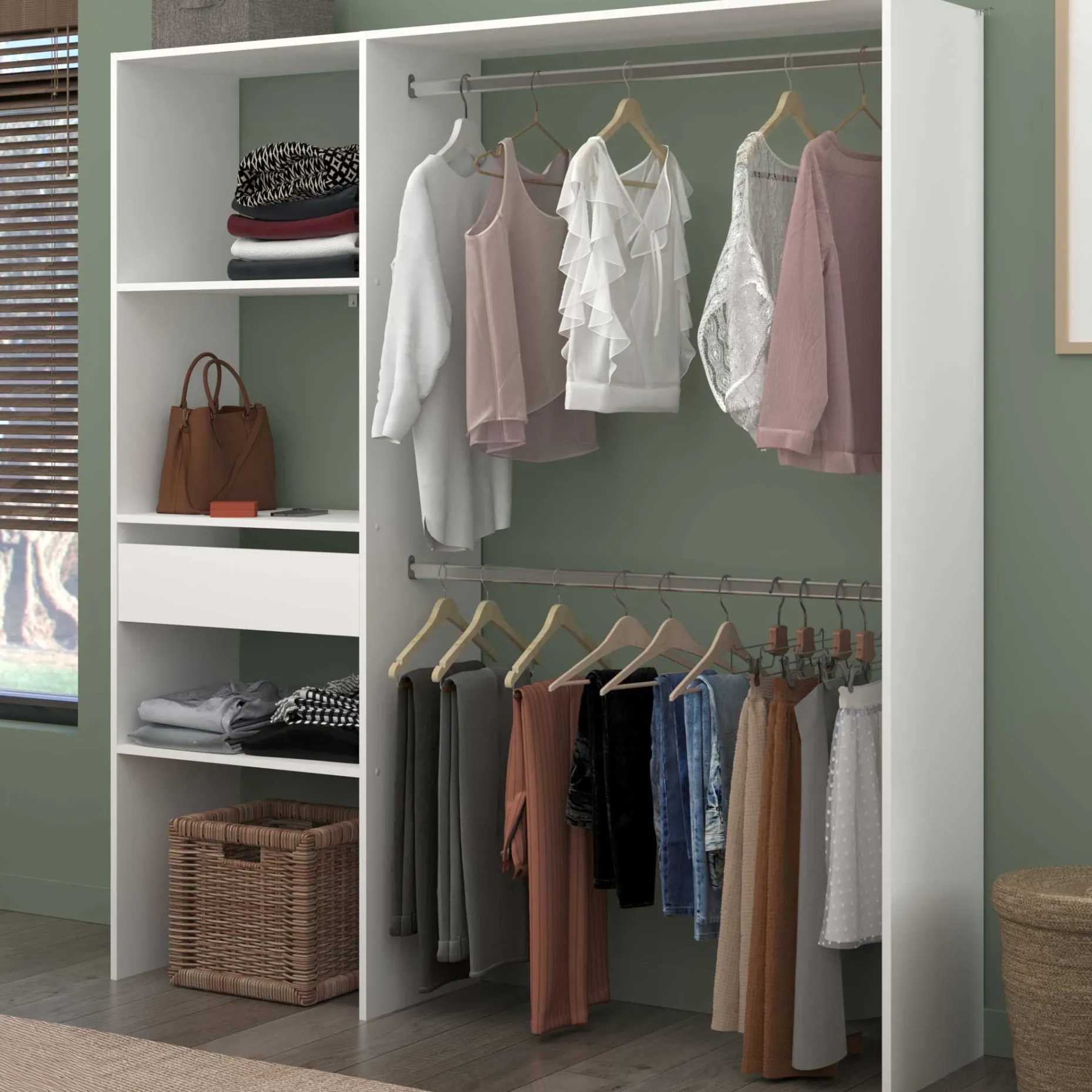 Kleiderschrank Botan 162cm, 1 Schublade und 3 Einlegeböden und 1 Kleiderstange - weiß