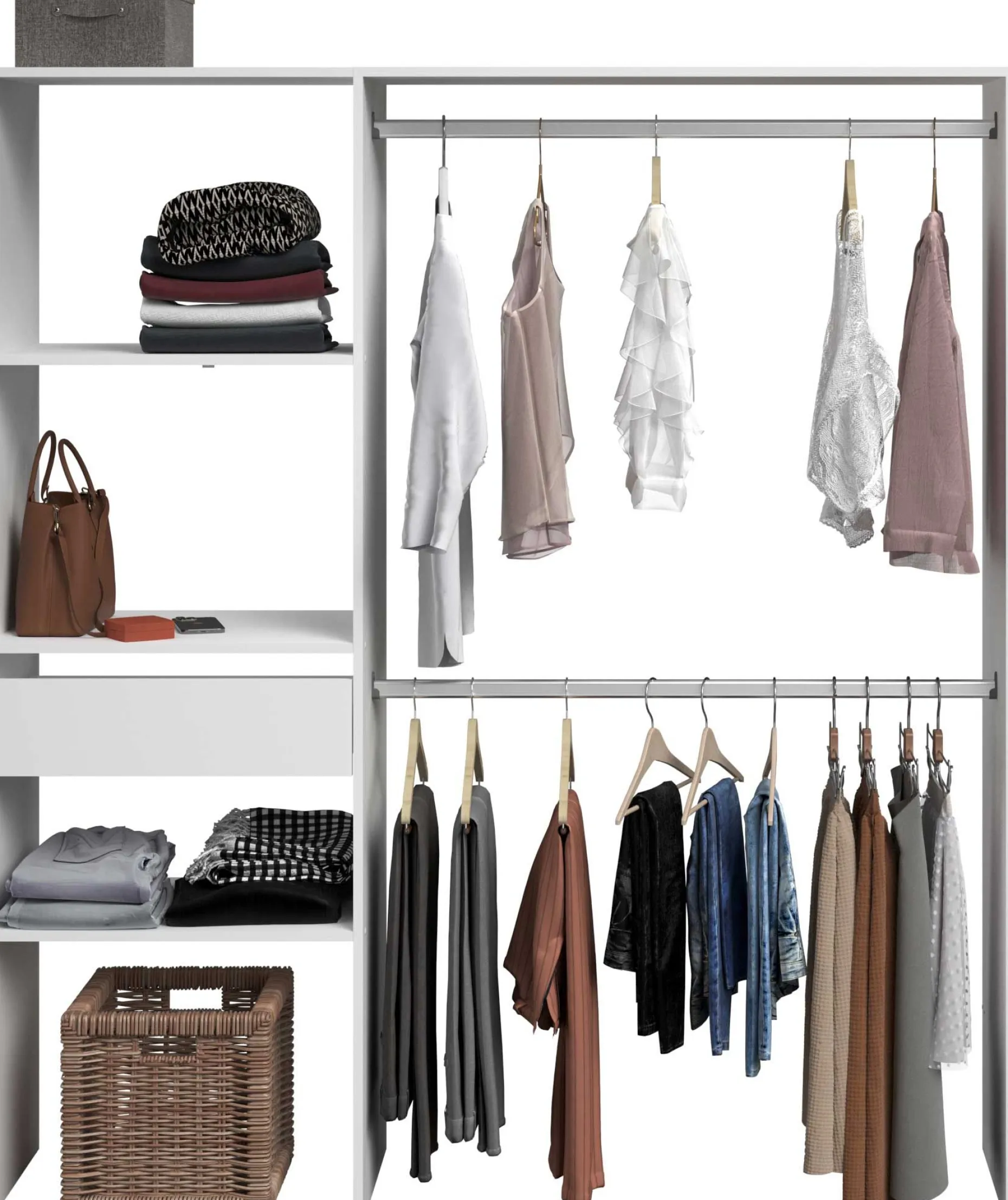 Kleiderschrank Botan 162cm, 1 Schublade und 3 Einlegeböden und 1 Kleiderstange - weiß