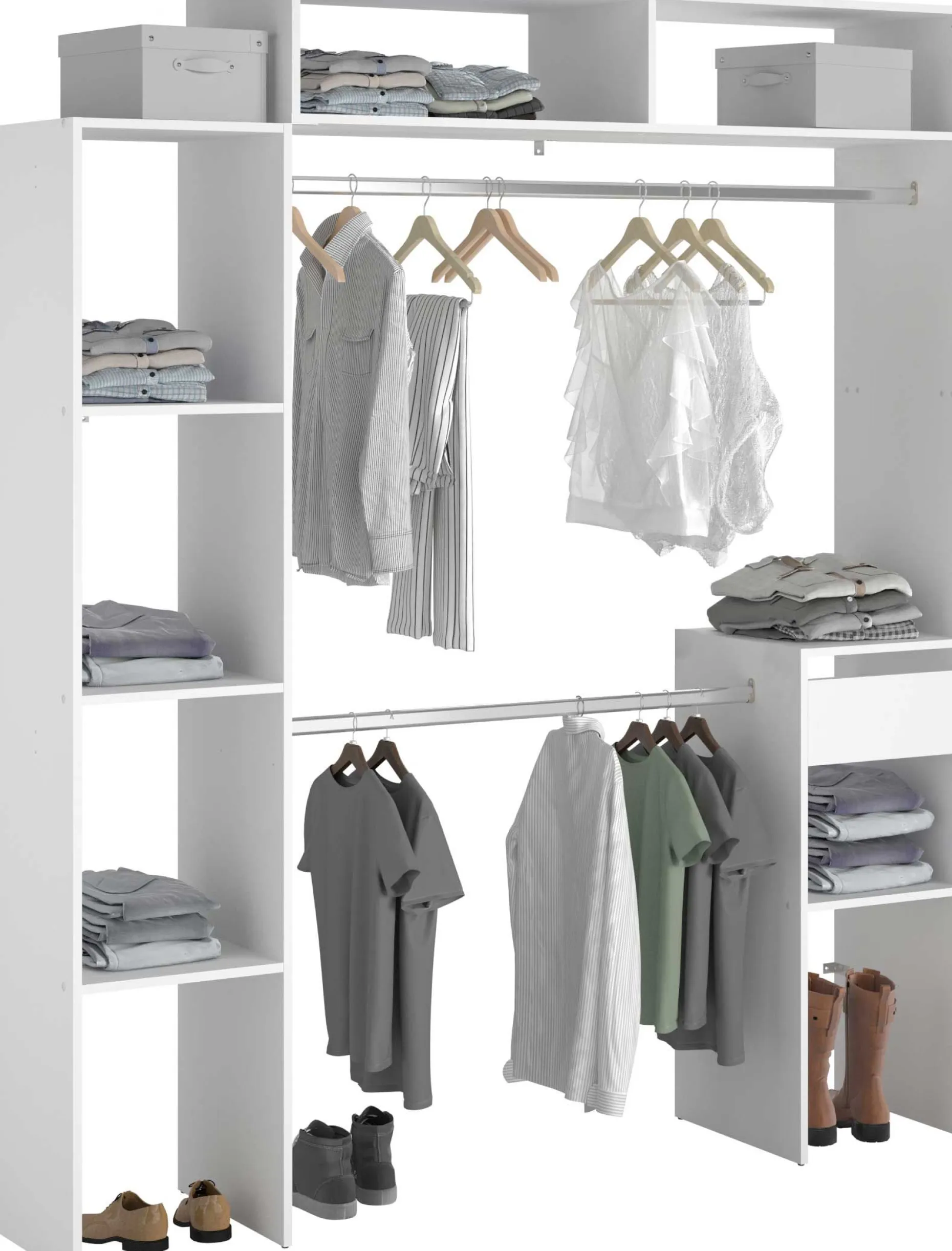 Kleiderschrank Botan 140 - 176cm, vier Einlegeböden, 2 Kleiderstangen, 1 Schublade - weiß
