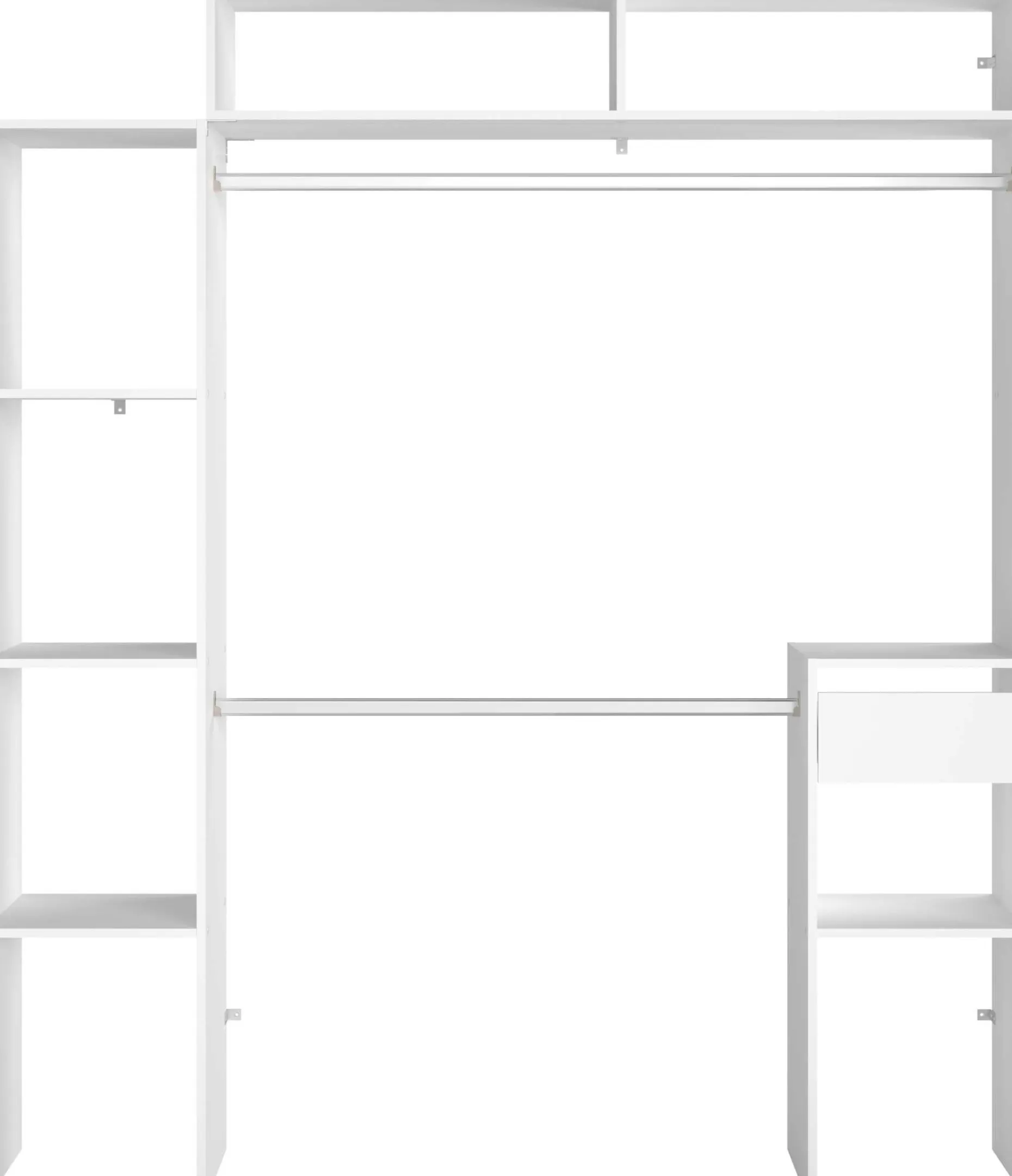 Kleiderschrank Botan 140 - 176cm, vier Einlegeböden, 2 Kleiderstangen, 1 Schublade - weiß