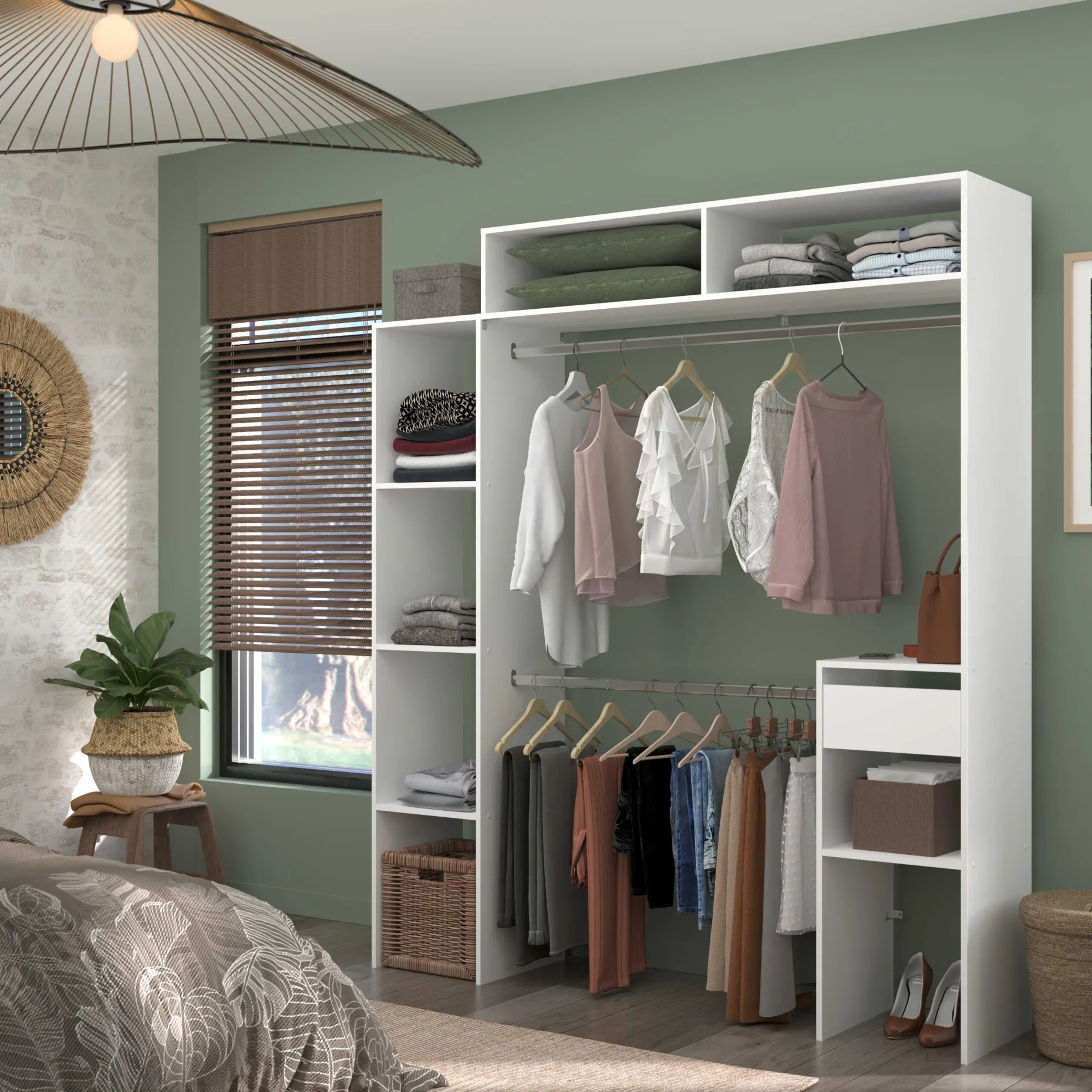 Kleiderschrank Botan 140 - 176cm, vier Einlegeböden, 2 Kleiderstangen, 1 Schublade - weiß