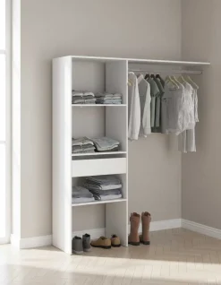 Kleiderschrank Botan D - 160cm, 1 Schublade, 3 Einlegeböden und 1 Kleiderstange - weiß