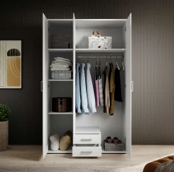 Kleiderschrank Daniela 120cm mit 3 Türen 2 Schubladen und Spiegel - weiß