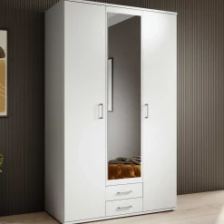Kleiderschrank Daniela 120cm mit 3 Türen 2 Schubladen und Spiegel - weiß