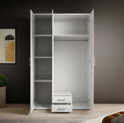 Kleiderschrank Daniela 120cm mit 3 Türen 2 Schubladen und Spiegel - weiß