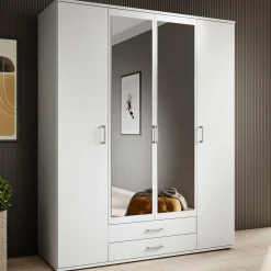Kleiderschrank Daniela 160cm mit 4 Türen 2 Schubladen und Spiegel - weiß