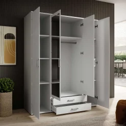 Kleiderschrank Daniela 160cm mit 4 Türen 2 Schubladen und Spiegel - weiß