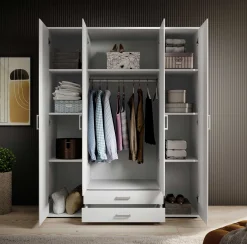 Kleiderschrank Daniela 160cm mit 4 Türen 2 Schubladen und Spiegel - weiß