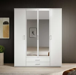 Kleiderschrank Daniela 160cm mit 4 Türen 2 Schubladen und Spiegel - weiß