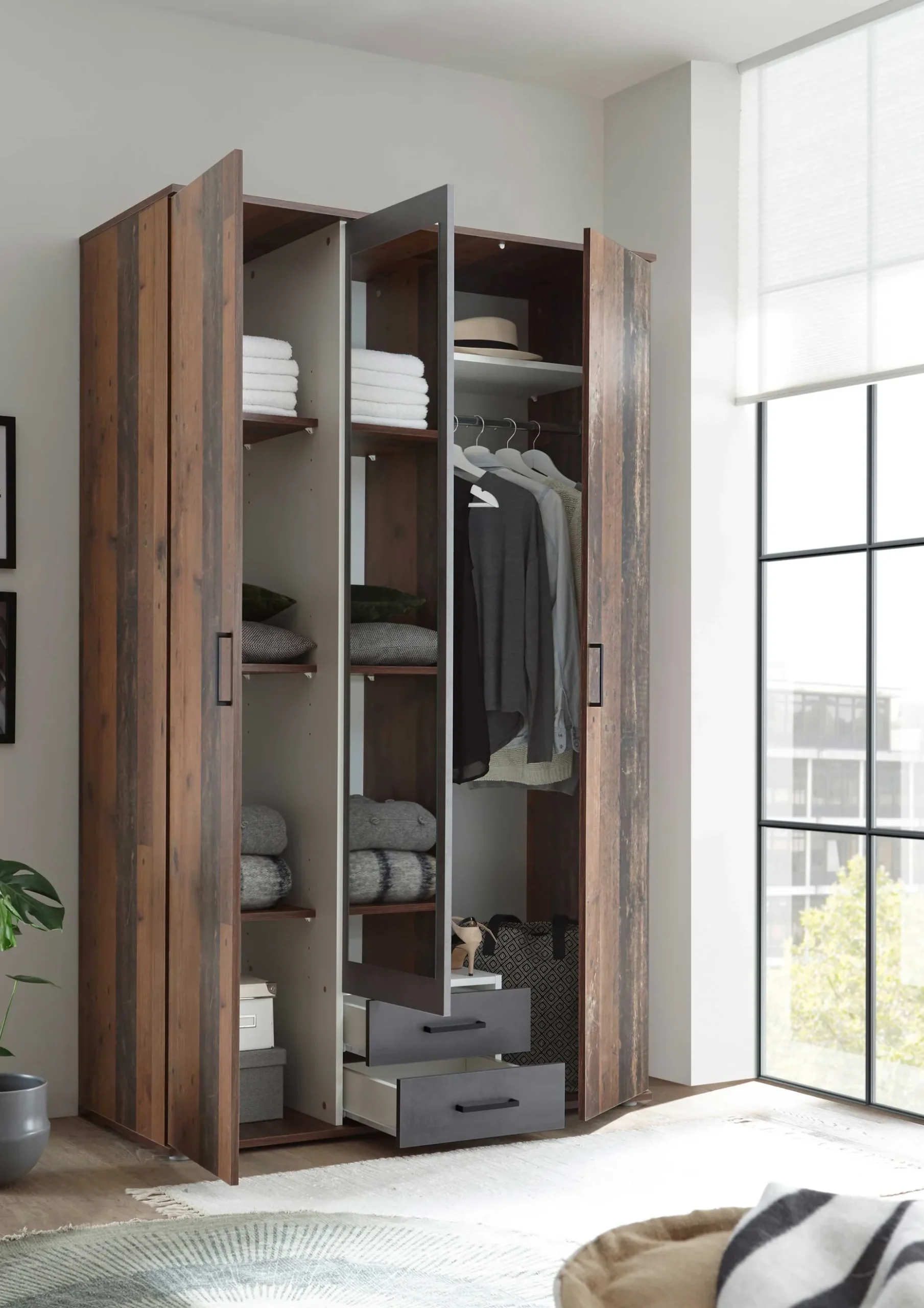 Kleiderschrank Ellis 120cm mit 3 Türen 2 Schubladen und Spiegel - alter Stil/Beton