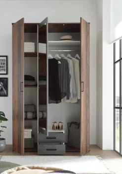 Kleiderschrank Ellis 120cm mit 3 Türen 2 Schubladen und Spiegel - alter Stil/Beton