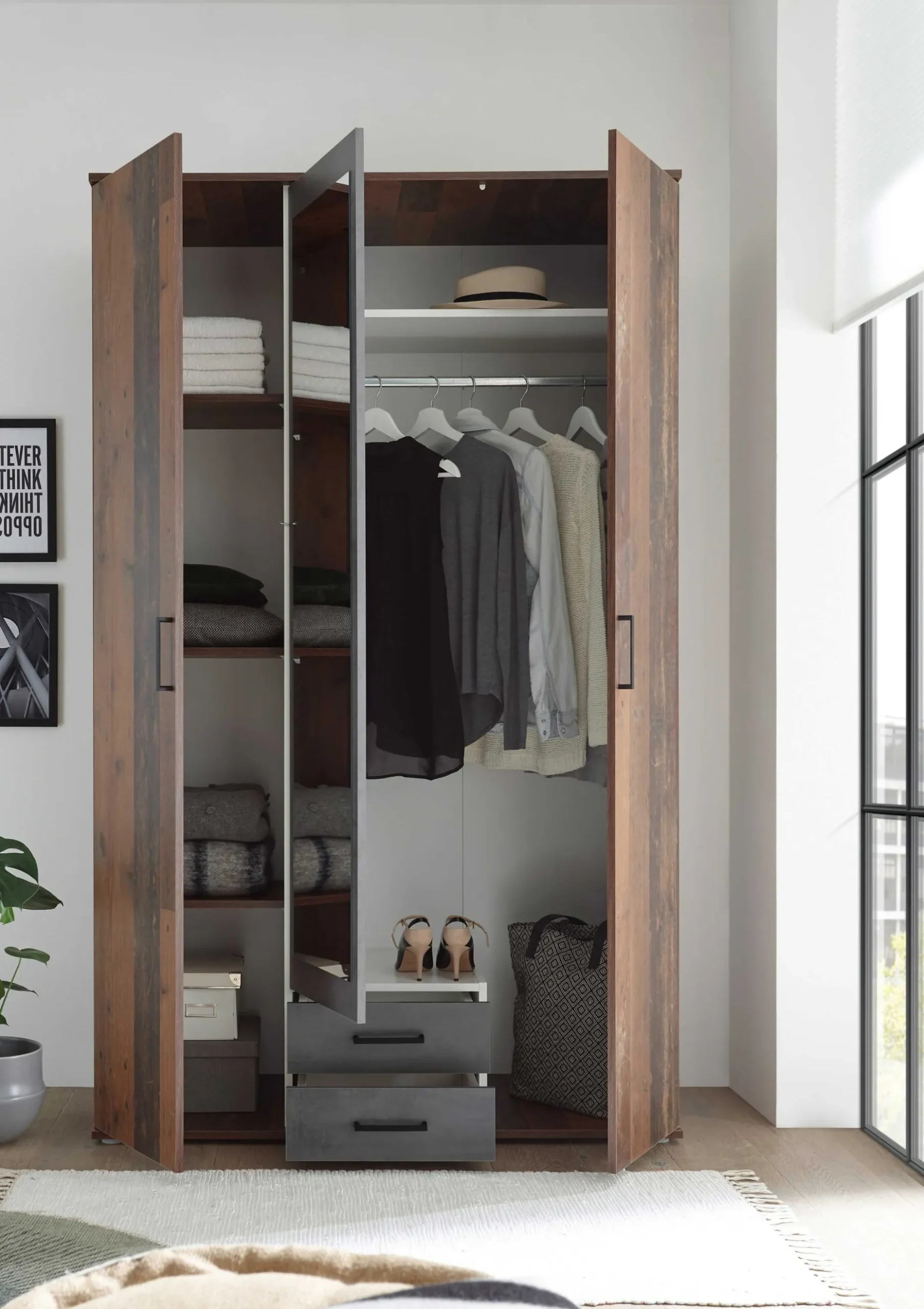 Kleiderschrank Ellis 120cm mit 3 Türen 2 Schubladen und Spiegel - alter Stil/Beton