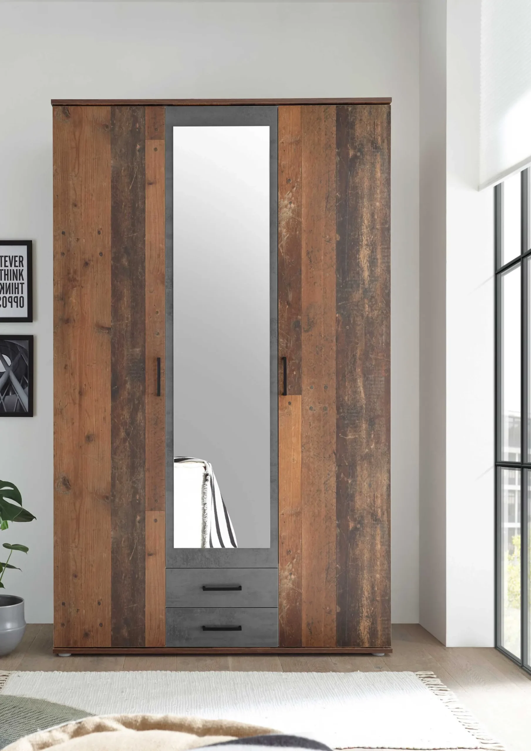 Kleiderschrank Ellis 120cm mit 3 Türen 2 Schubladen und Spiegel - alter Stil/Beton