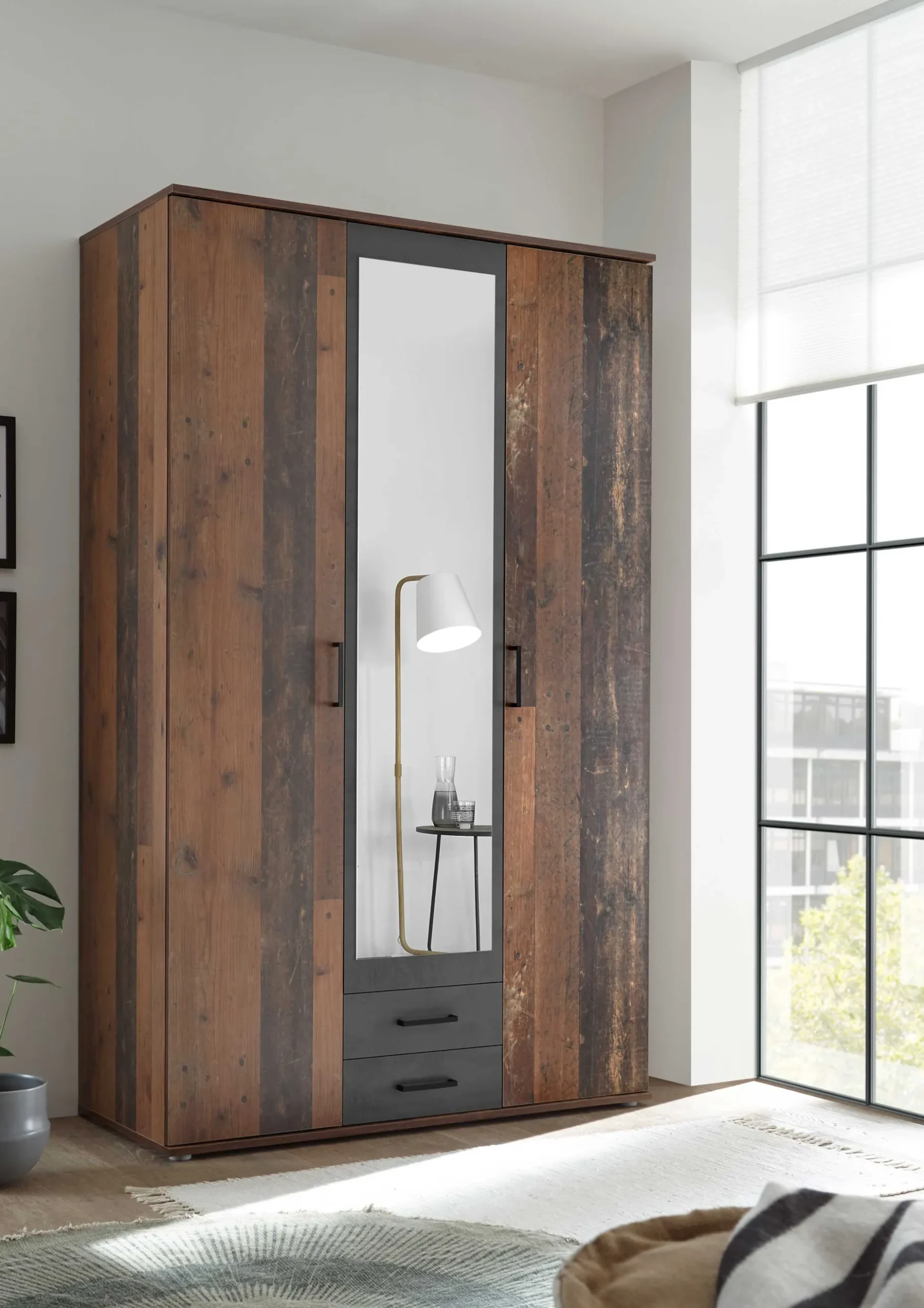 Kleiderschrank Ellis 120cm mit 3 Türen 2 Schubladen und Spiegel - alter Stil/Beton