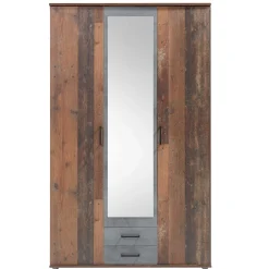 Kleiderschrank Ellis 120cm mit 3 Türen 2 Schubladen und Spiegel - alter Stil/Beton