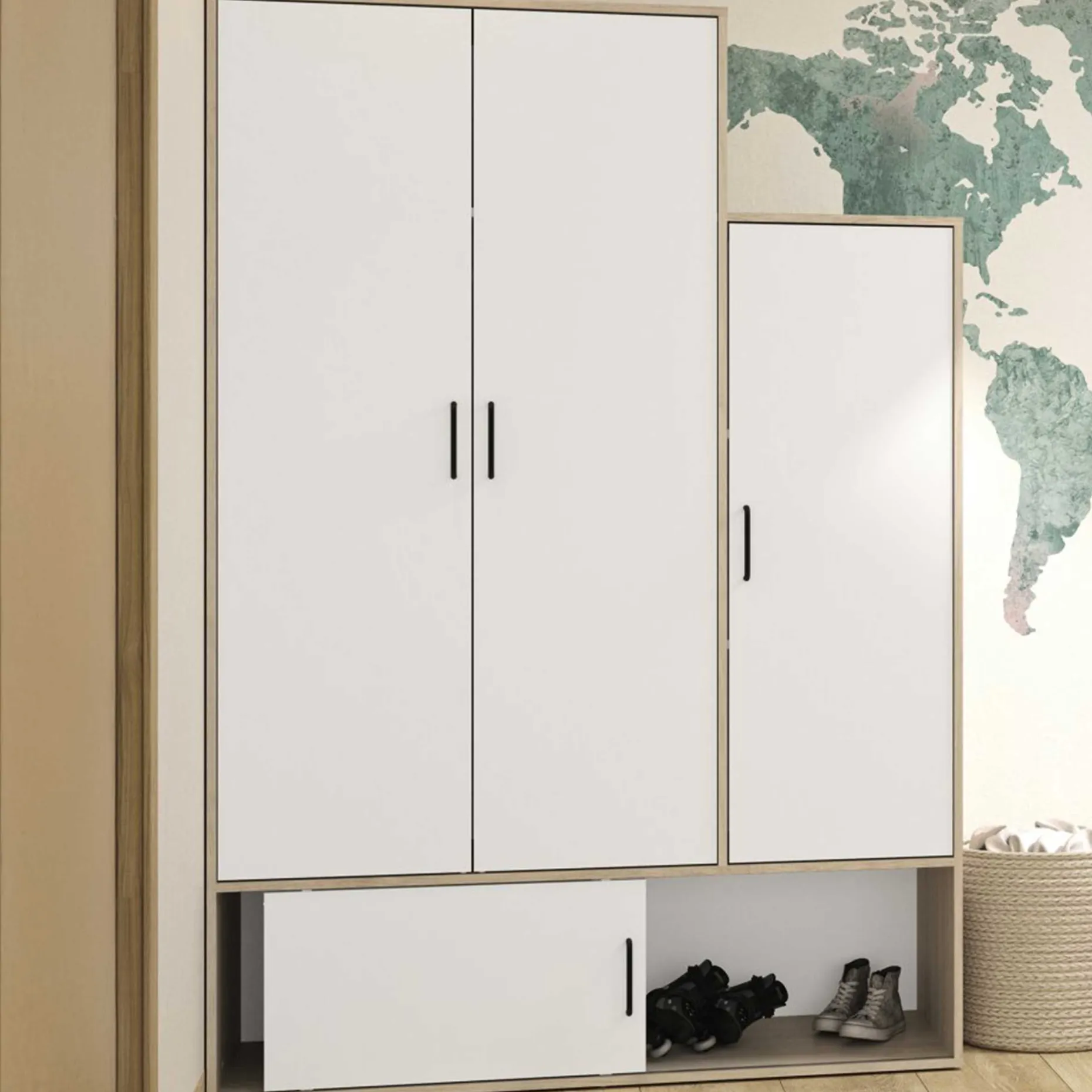 Kleiderschrank Erwan - 133x52x192cm - 4 Türen - weiß/kastanienbraun