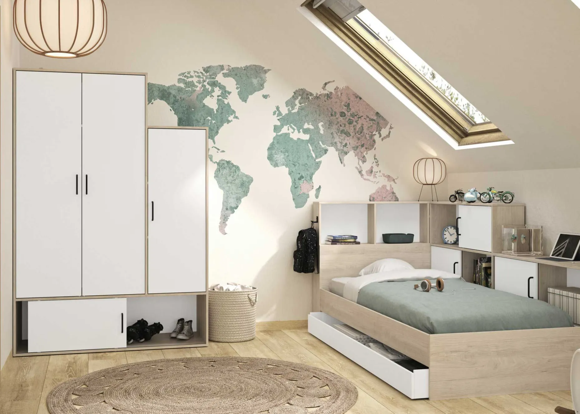 Kleiderschrank Erwan - 133x52x192cm - 4 Türen - weiß/kastanienbraun