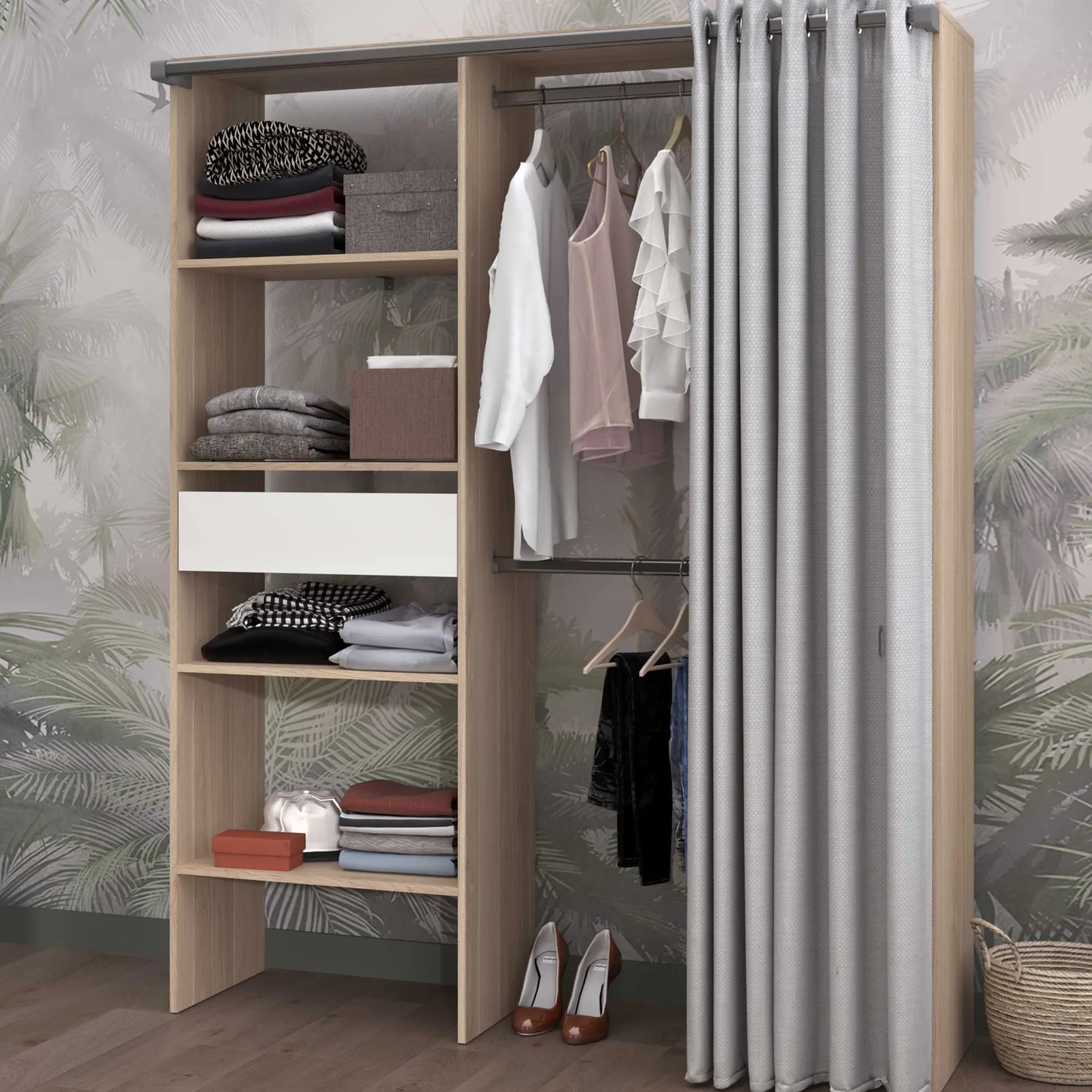 Kleiderschrank Gary mit Vorhang 1 Schublade - grau/eiche