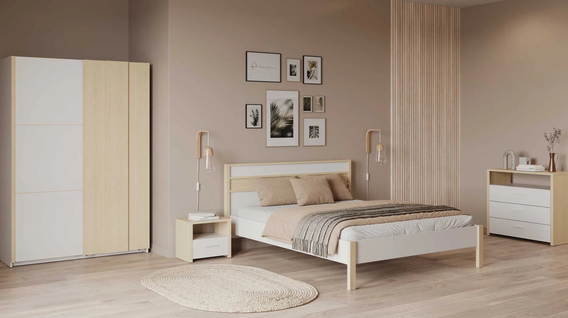 Kleiderschrank Heva - 140x64x203cm - 2 Türen - weiß/Eiche Dekor