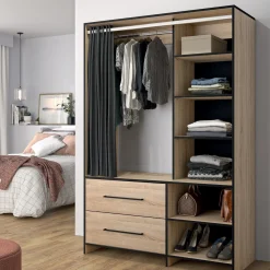 Kleiderschrank Jungo 122cm 2 Schubladen - Eiche/schwarz