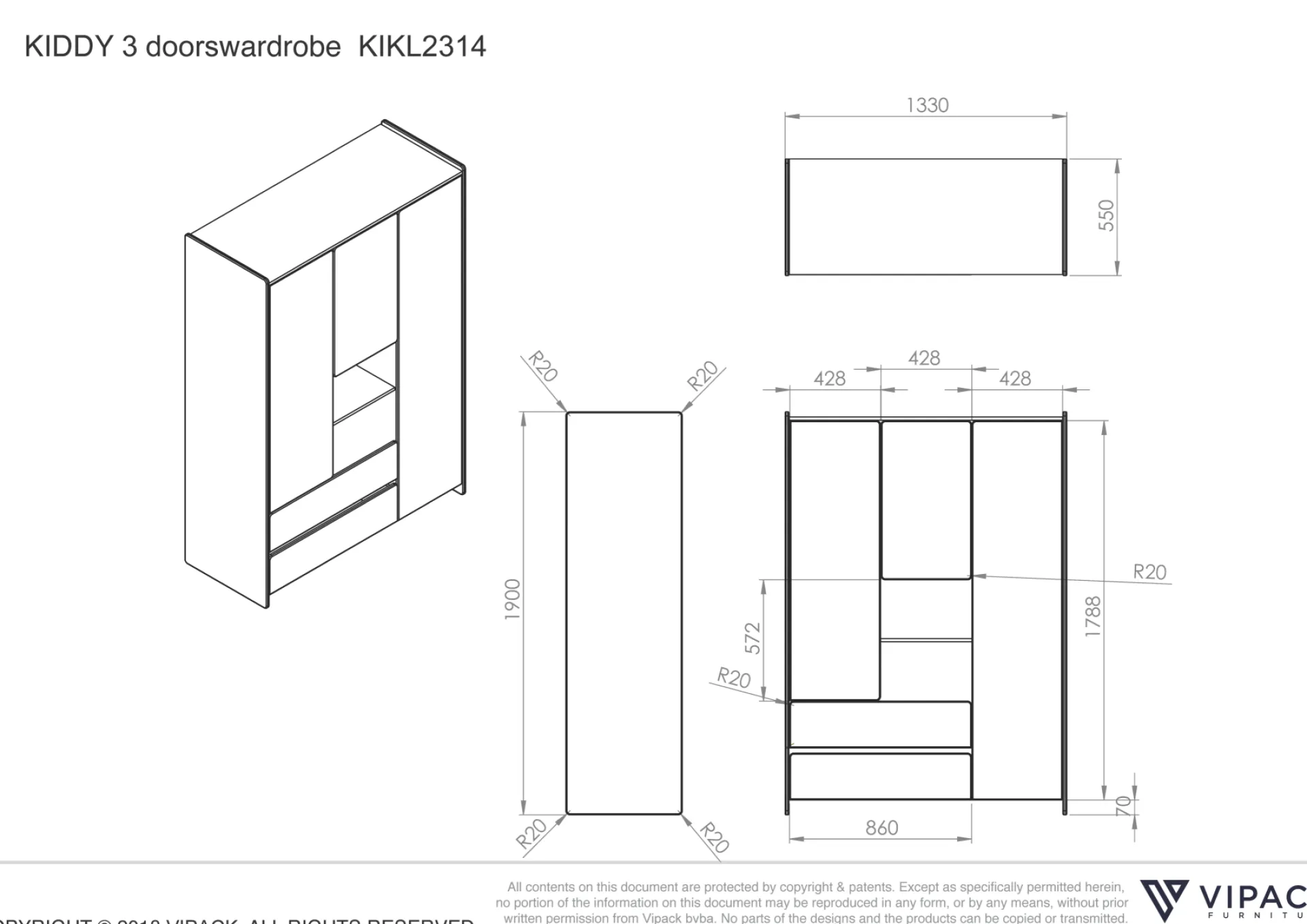 Kinder Vipack Kleiderschrank Kiddy 3 Türen -