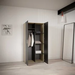 Kleiderschrank Liva 2 Drehtüren, 1 Kleiderstange und 4 Einlegeböden-Kronberg Eiche/mattschwarz