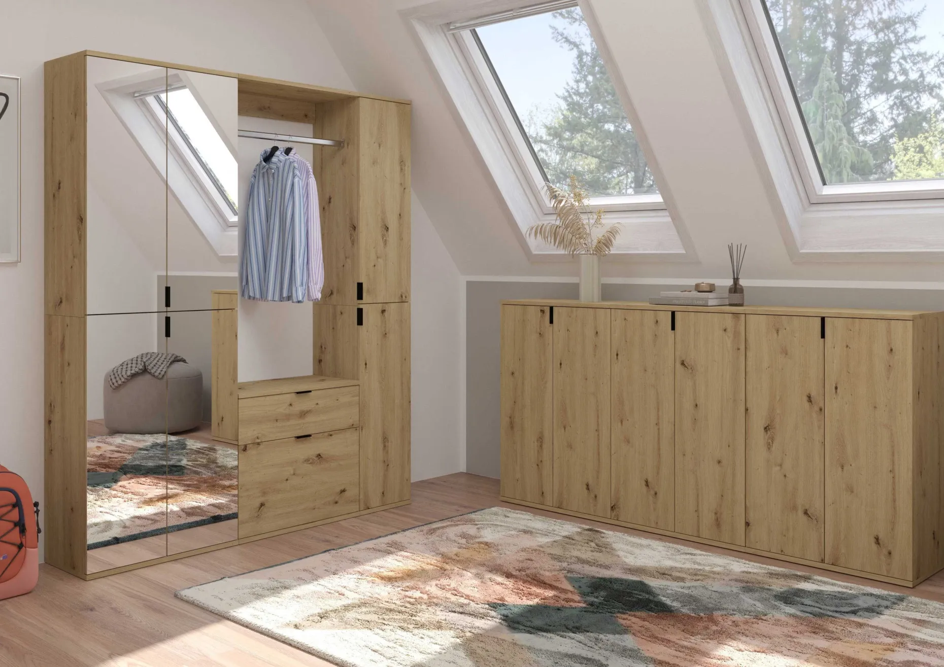Kleiderschrank Projekt X Emob - Artisan Oak - 152x193x34 cm - Spiegel