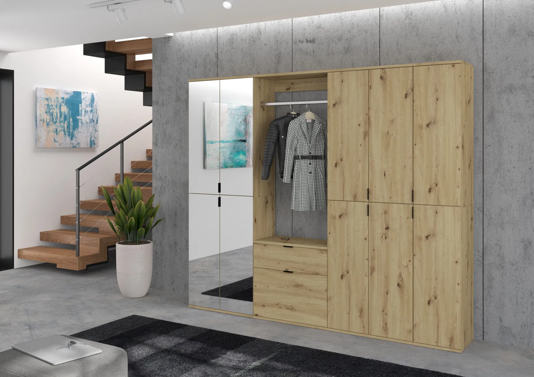 Kleiderschrank Projekt X Emob - Artisan Eiche - 213x193x34 cm - Natur