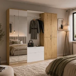 Kleiderschrank Projekt X Emob - Artisan Oak & Weiß mit Spiegel - 183x193x34 cm