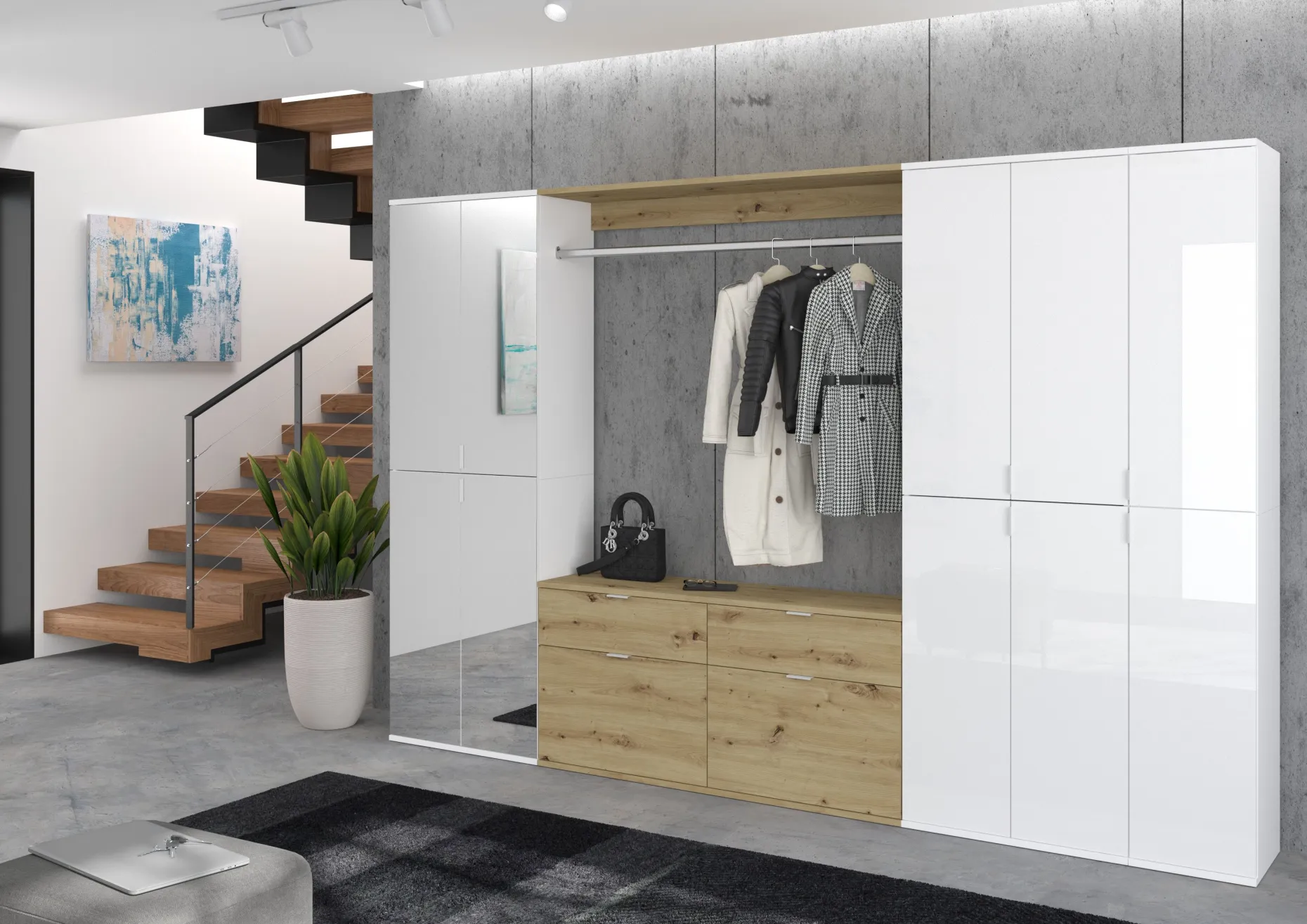 Kleiderschrank Projekt X Emob - Artisan Oak, Weiß, 273x193x34 cm