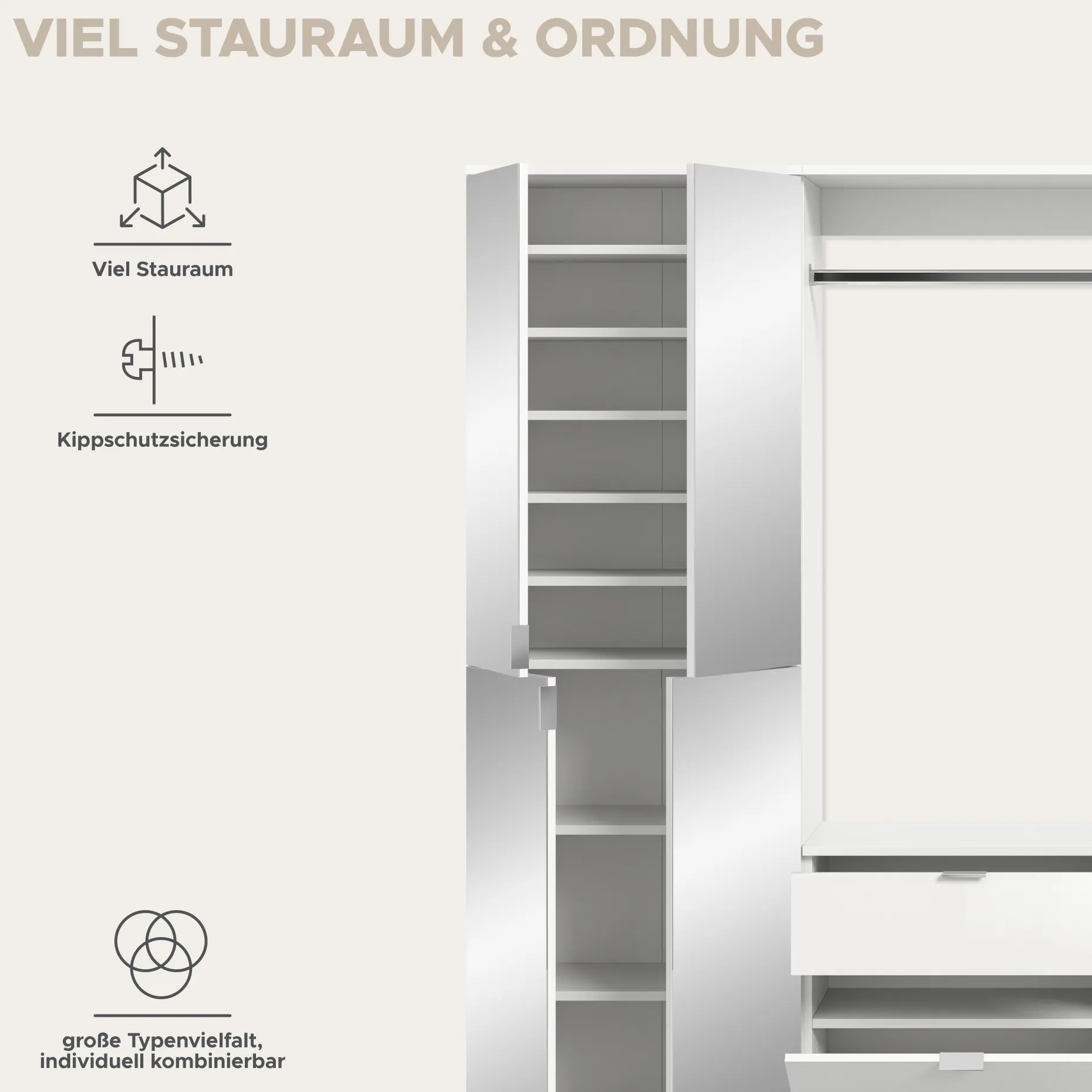 Kleiderschrank Projekt X Xonox - Weiß Hochglanz - 273x193x34 cm