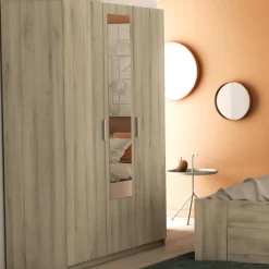 Kleiderschrank Prya 3 Drehtüren, 4 Einlegeböden und 1 Kleiderstange-Kronberg Eiche Dekor