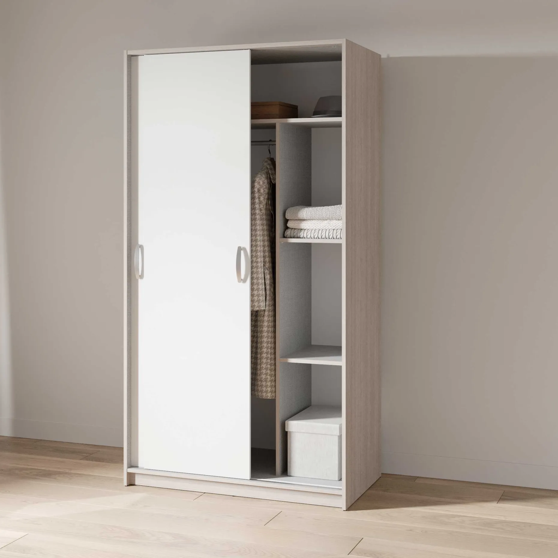 Kleiderschrank Rollo - 102x55x192cm - 2 Türen - weiß/Eiche Dekor