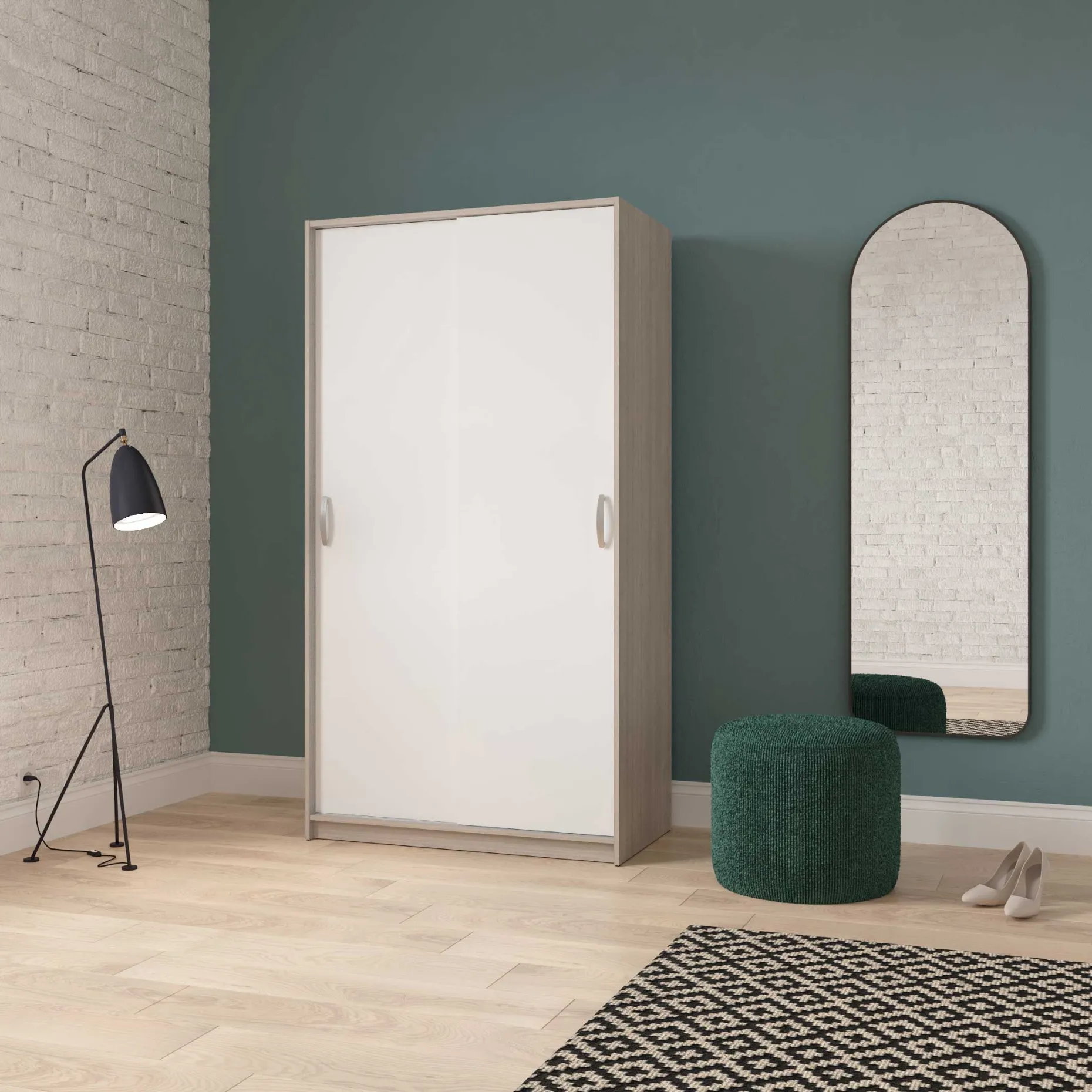 Kleiderschrank Rollo - 102x55x192cm - 2 Türen - weiß/Eiche Dekor