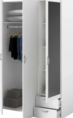 Kleiderschrank Salvador Spiegel, 3 Türen und 2 Schubladen - weiß