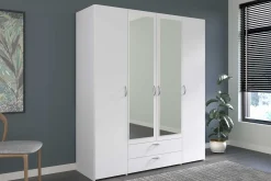 Kleiderschrank Salvador Spiegel, 4 Türen und 2 Schubladen - weiß