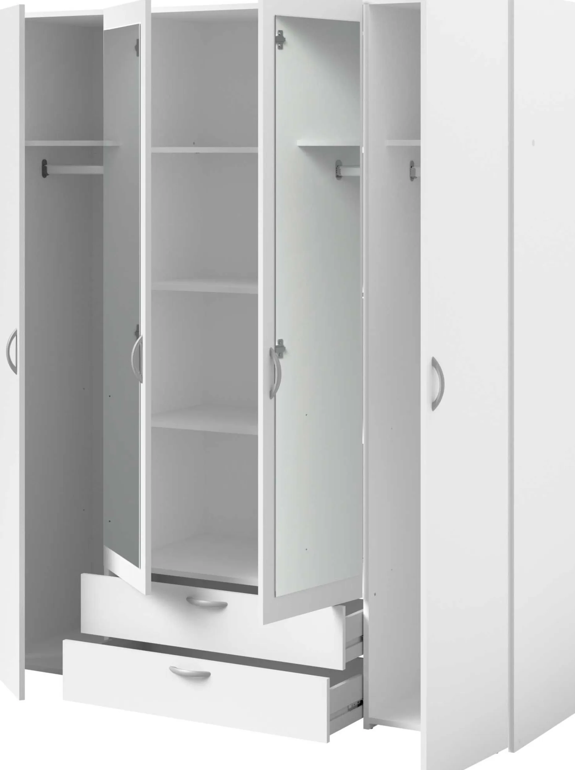 Kleiderschrank Salvador Spiegel, 4 Türen und 2 Schubladen - weiß